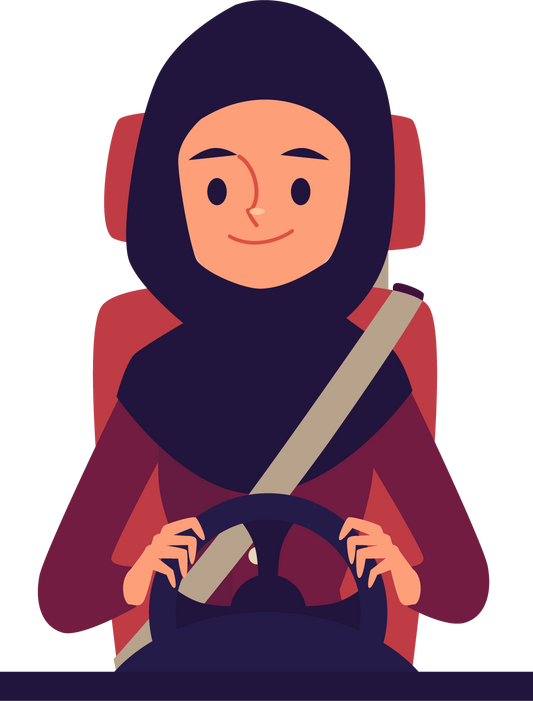 Muslim woman driver sits at the wheel wearing seatbelt