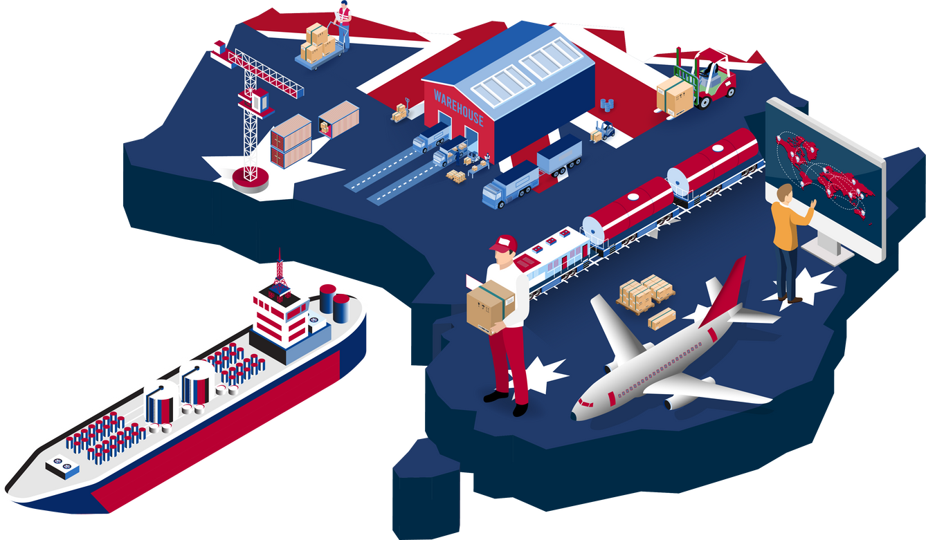 Australia Logistics  concept with Global Logistics, Warehouse Logistics, Sea Freight Logistics. Isometric style