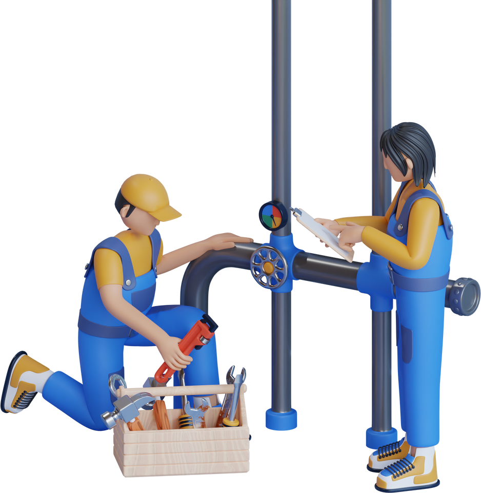 Male and female plumbers fitting pipe 3d illustration